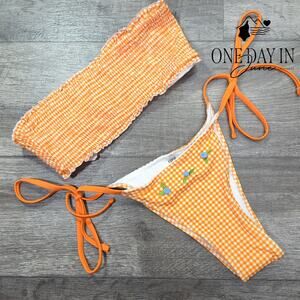 Pink by Frankies Bikinis Smocked Tie Side Bikini Swimsuit Size M Top/L Bottom